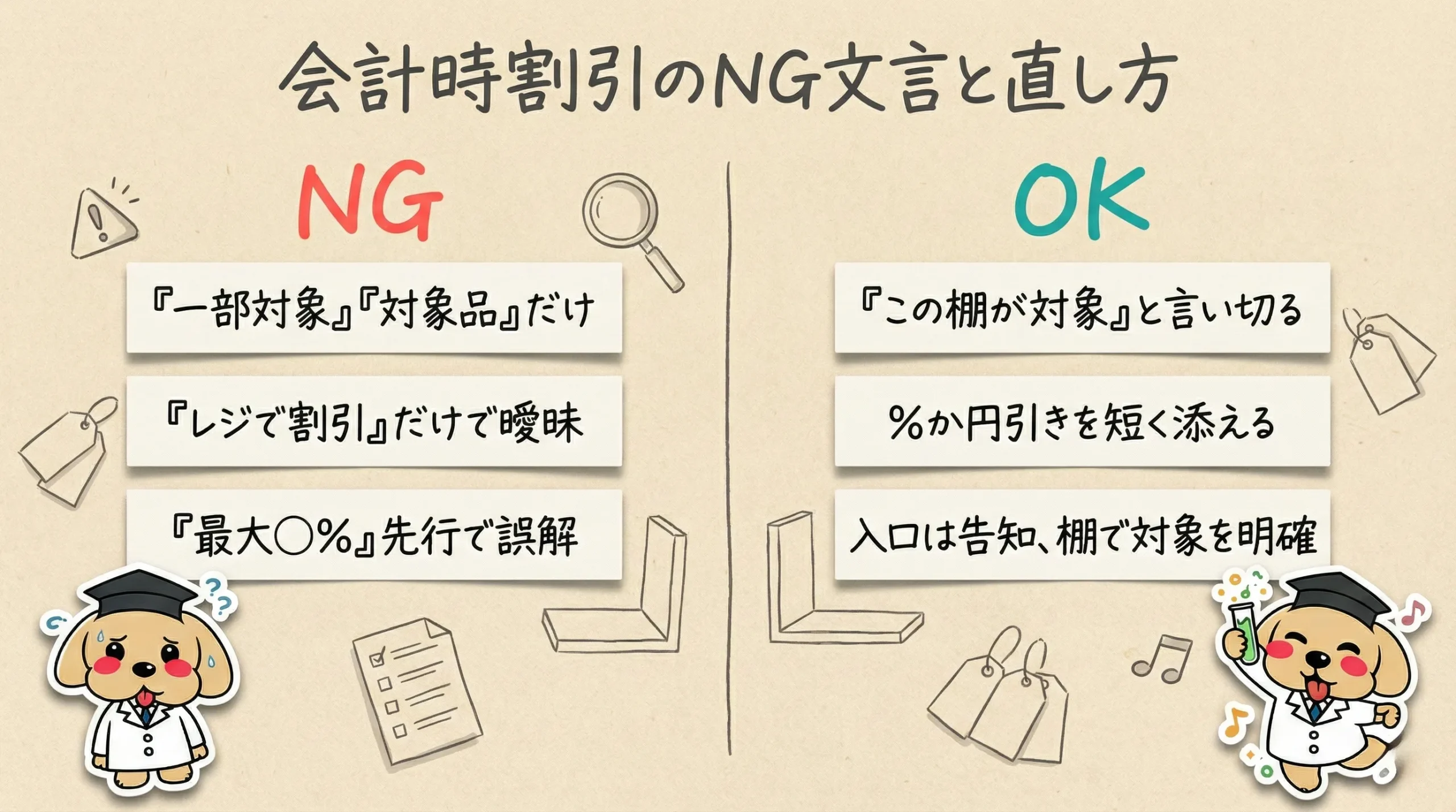 値札そのままセールの説明POP｜会計時割引（レジにて割引）の伝え方